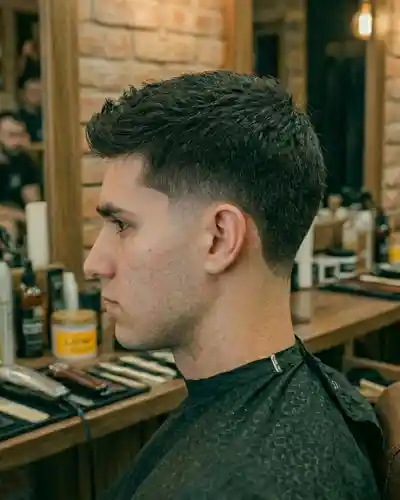 Krupni plan muškog Taper Fade šišanja u barber shopu Mr. Blade Zagreb