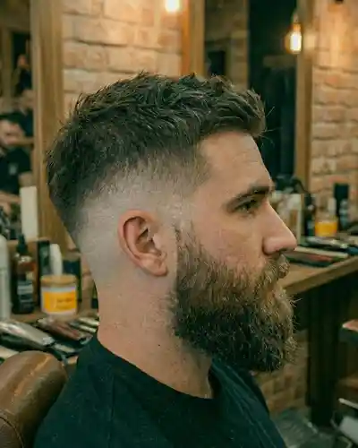 Krupni plan muškog Burst Fade šišanja u barber shopu Mr. Blade Zagreb