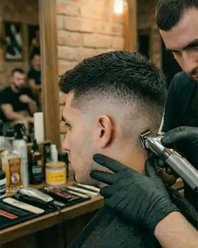 Krupni plan muškog Drop Fade šišanja u abarber shopu Mr. Blade Zagreb