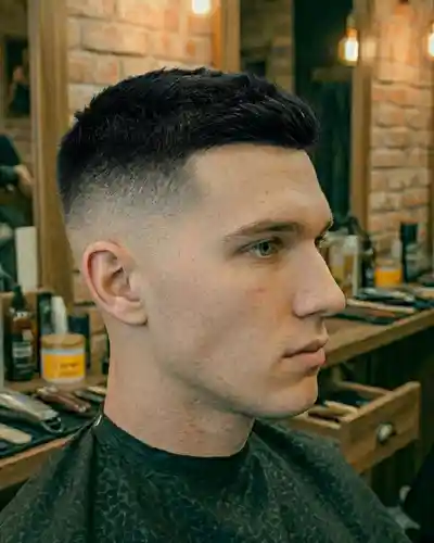 Krupni plan muškog Skin Fade šišanja u barber shopu Mr. Blade Zagreb